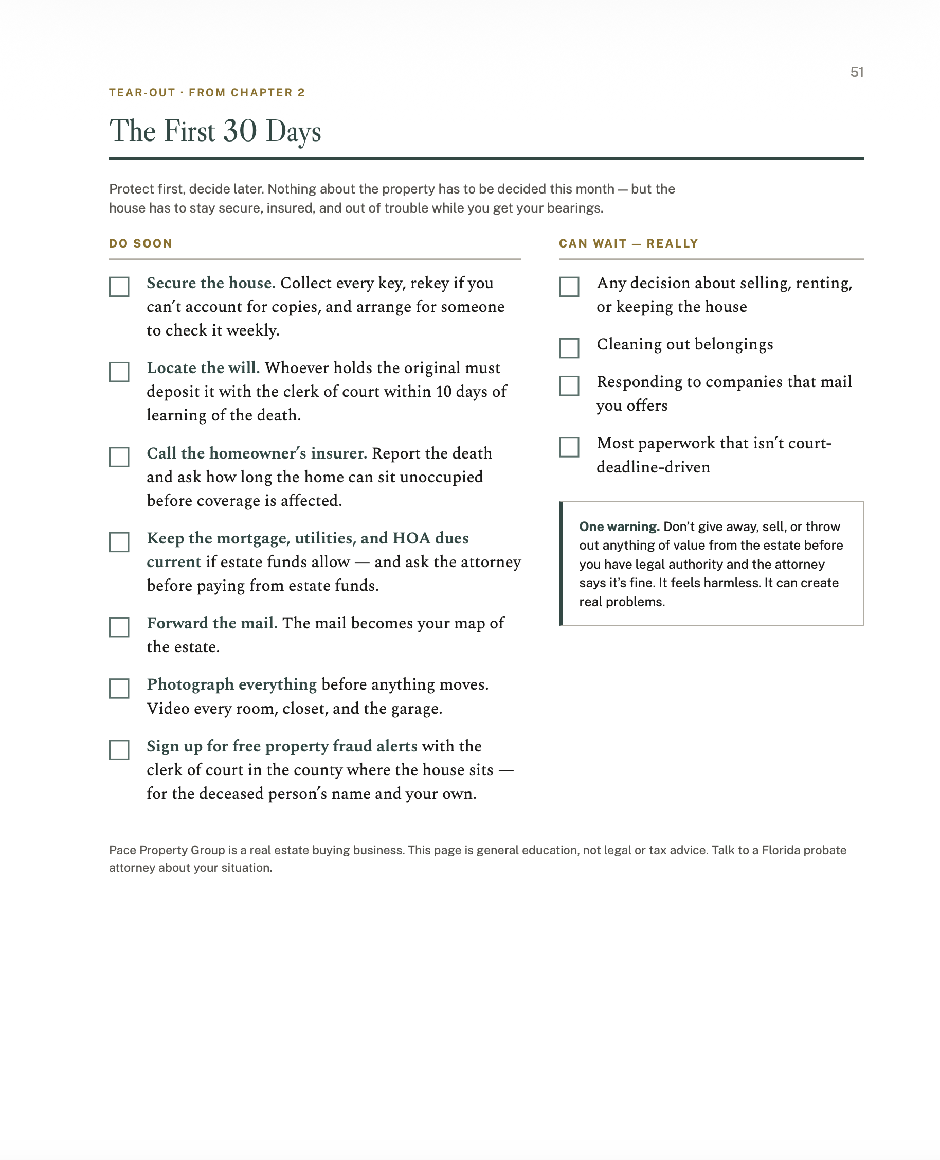 Sample page: the First-30-Days checklist